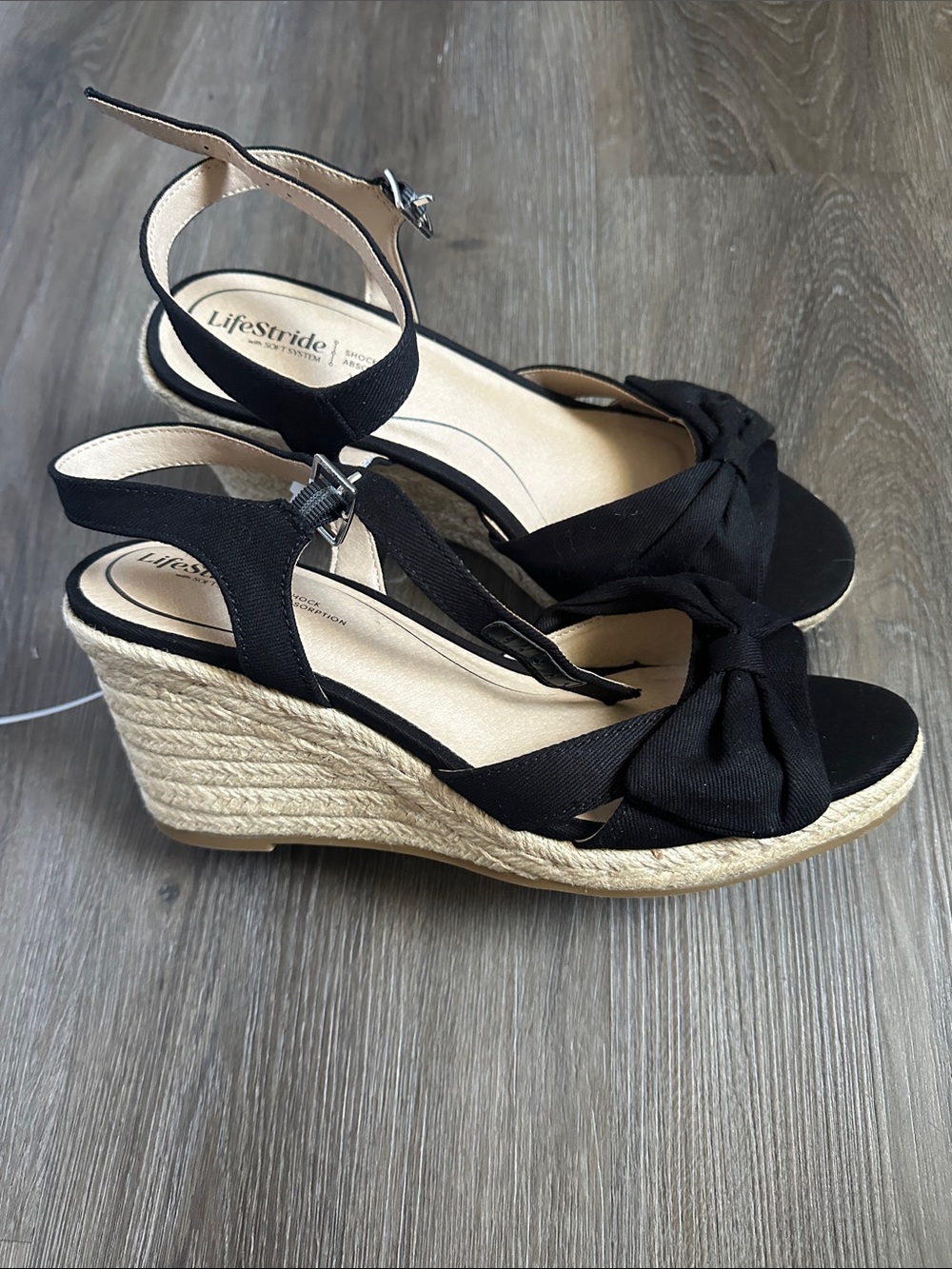 Life Stride Black Espadrille Knot-Front Wedge Sandals 10W